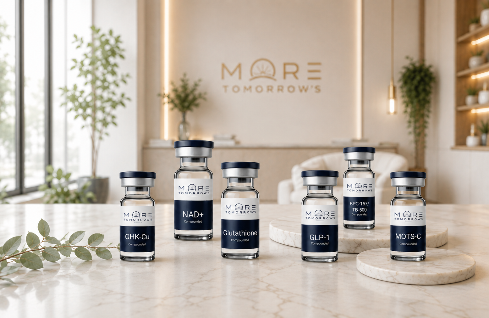 More Tomorrow's compounded vials arranged on white marble in a luxury clinical setting